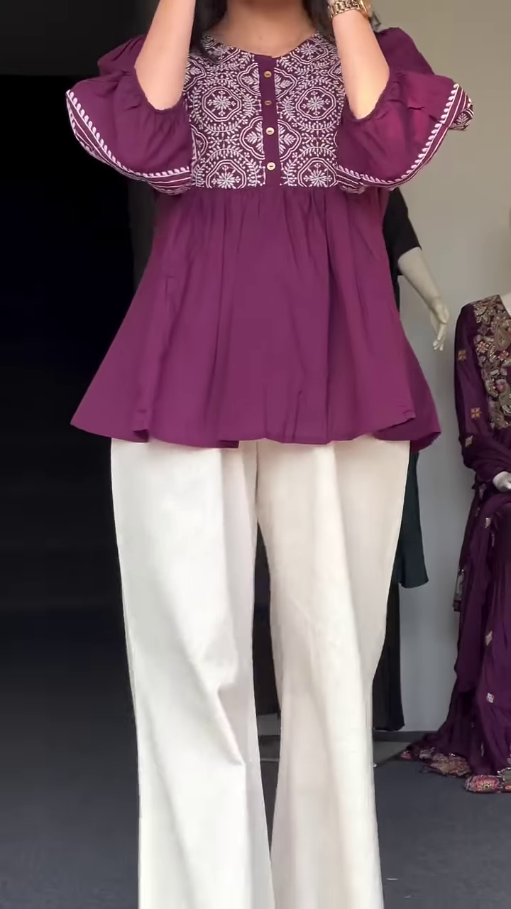 Deep Plum Peplum Tunic with White Geometric Mandala Embroidery