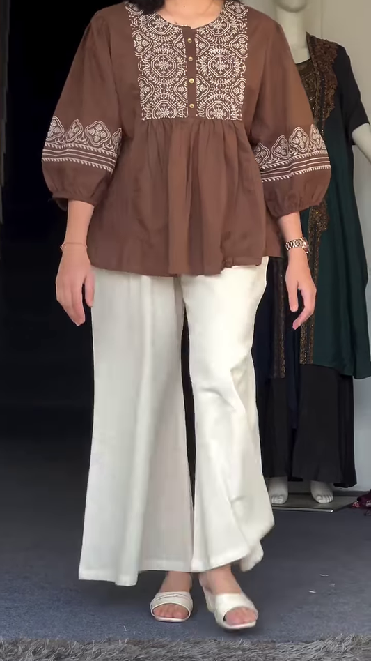 Deep Plum Peplum Tunic with White Geometric Mandala Embroidery