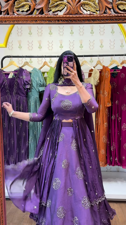 Burnt Orange Silk Lehenga with Gold Rose Embroidery