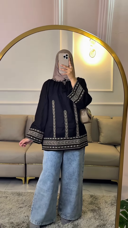 Bohemian Floral Print Tunic with Tassel Neckline and Flare Sleeves