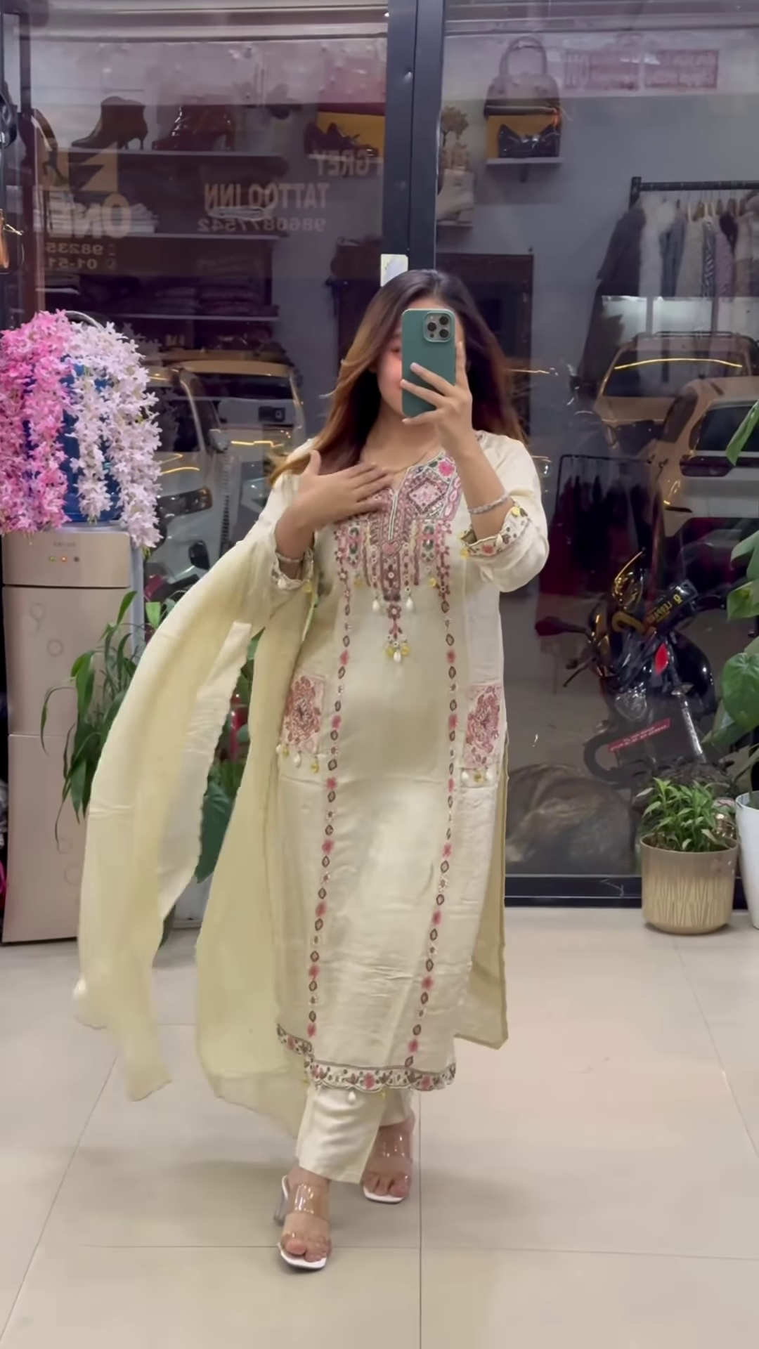 Lime Green Silk Suit with Traditional Mirror and Thread Work