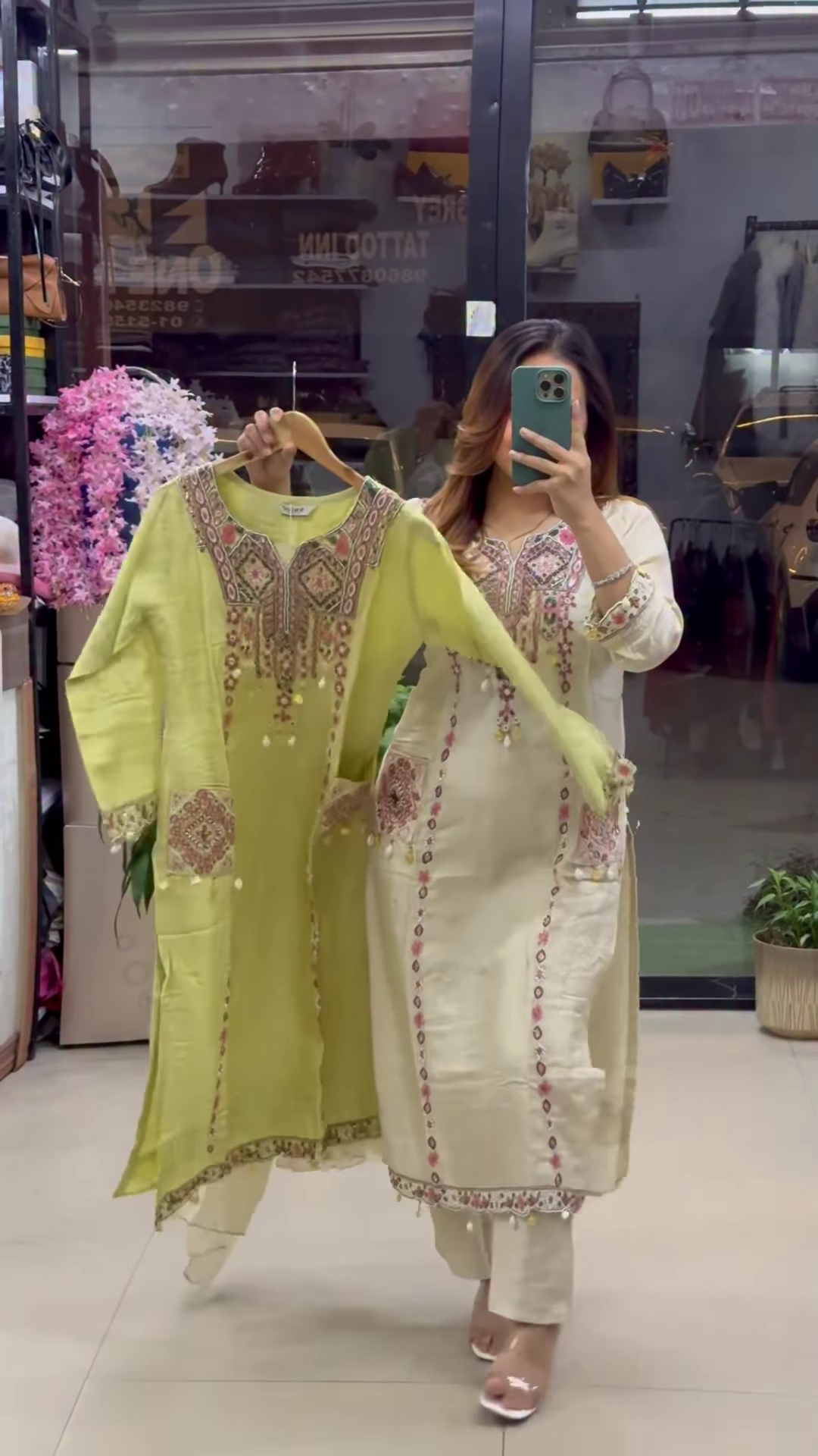 Lime Green Silk Suit with Traditional Mirror and Thread Work